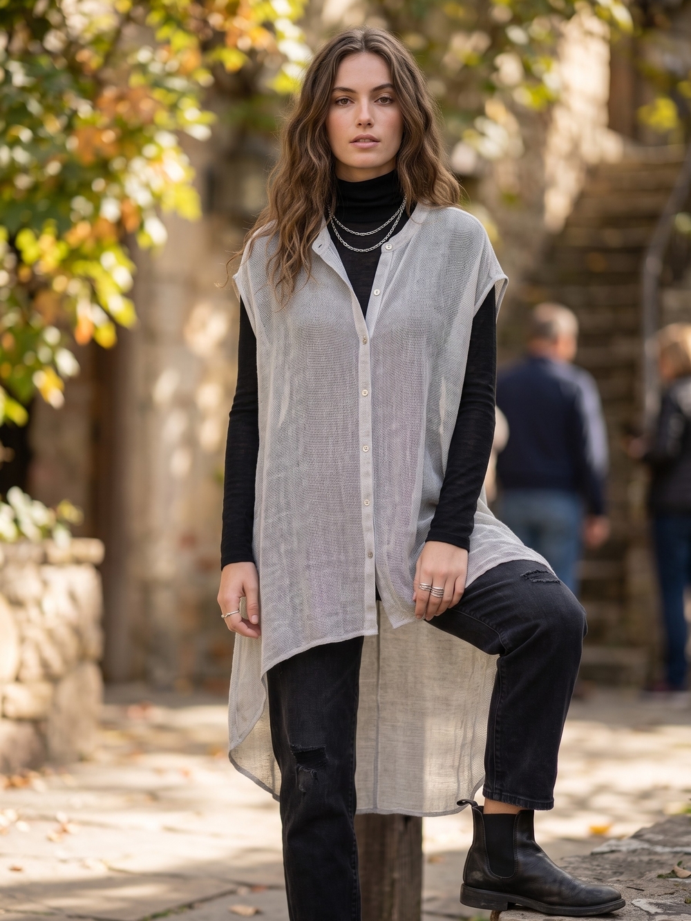 Eileen Fisher Linen Mesh Knit High Low Tunic Top Quiet Luxury Lagenlook NWT